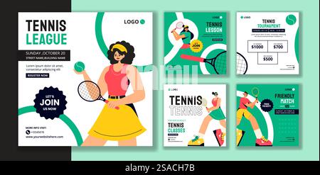 Tennisspieler Sport Social Media Post Flat Cartoon Hand Gezeichnete Vorlagen Hintergrund Illustration Stock Vektor