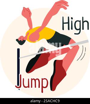 Vektor-Illustration eines männlichen Athleten, der einen High Jump ausführt und Geschwindigkeit und Technik kombiniert, um über die Bar in einem flachen Stil-Cartoon-Hintergrund zu schweben Stock Vektor