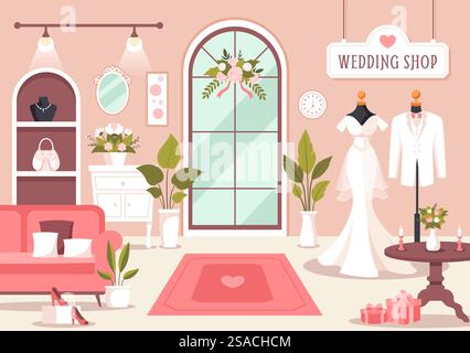 Hochzeitsgeschäft Vektor-Illustration mit Liebhaber, der nach Schmuck, schönen Brautkleidern und Zubehör sucht, um im flachen Zeichentrickhintergrund zu heiraten Stock Vektor