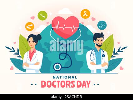 National Doctors Day Vector Illustration mit Doktor, Stethoskop und medizinische Ausrüstung für Widmung und Beiträge in Flat Cartoon Hintergrund Stock Vektor