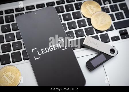 Wroclaw, Polen - 22. Januar 2025: Ledger Secure Digital Kryptowährung Wallet Logo und Gerät Stockfoto
