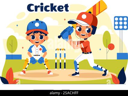 Schlagmann, der Cricket-Vektor-Illustration mit Fledermaus und Ball auf dem Feld für Meisterschaft-Turnier-Liga in einem flachen Stil-Cartoon-Hintergrund spielt Stock Vektor
