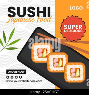 Sushi Japanisches Essen Social Media Illustration Flat Cartoon Hand Gezeichnet Vorlagen Hintergrund Stock Vektor