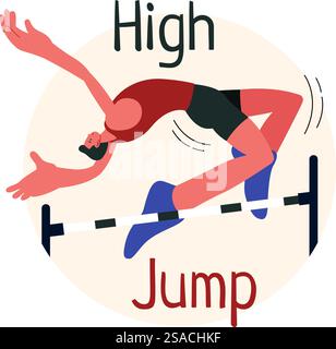 Vektor-Illustration eines männlichen Athleten, der einen High Jump ausführt und Geschwindigkeit und Technik kombiniert, um über die Bar in einem flachen Stil-Cartoon-Hintergrund zu schweben Stock Vektor