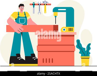 Holzbearbeitung Vektor-Illustration mit modernen Handwerkern und Arbeitern, die Möbel unter Verwendung von Werkzeugen in einem flachen Cartoon-Stil Hintergrund herstellen Stock Vektor