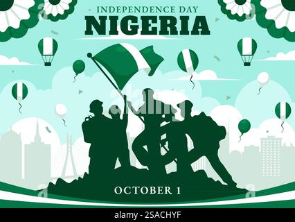 Happy Nigeria Unabhängigkeitstag Vektor Illustration am 1. Oktober mit schwenkender Flagge und den Kämpfern in National Holiday Flat Cartoon Hintergrund Design Stock Vektor