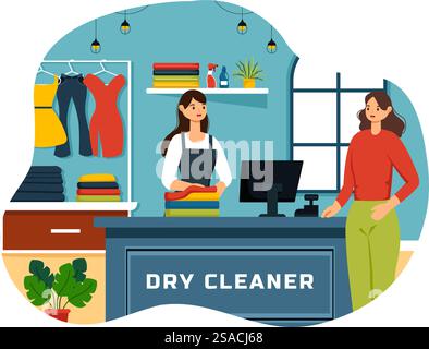 Chemische Reinigung Speicher Service Vektor Illustration mit Waschmaschinen, Trocknern und Wäsche für saubere Kleidung im flachen Cartoon Hintergrund Design Stock Vektor