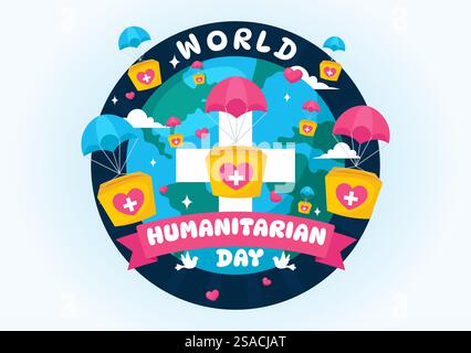 Vektor-Illustration zum Welttag der humanitären Hilfe mit einer globalen Feier zur Unterstützung von Menschen, Wohltätigkeit, Spenden und Freiwilligenarbeit auf einem flachen Hintergrund Stock Vektor