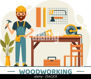 Holzbearbeitung Vektor-Illustration mit modernen Handwerkern und Arbeitern, die Möbel mit Werkzeugen herstellen, präsentiert in einem flachen Cartoon-Stil Hintergrund Stock Vektor