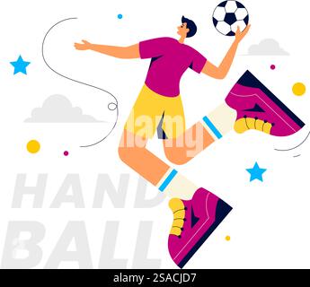 Handball-Vektor-Illustration eines Spielers, der den Ball berührt und ein Tor während eines Sportwettbewerbs in einem flachen Cartoon-Hintergrund erzielt Stock Vektor