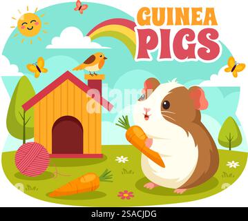 Meerschweinchen-Vektor-Illustration mit verschiedenen Hamsterrassen in grünen Feldern in einem flachen netten Kinder-Cartoon-Stil Hintergrund-Design Stock Vektor