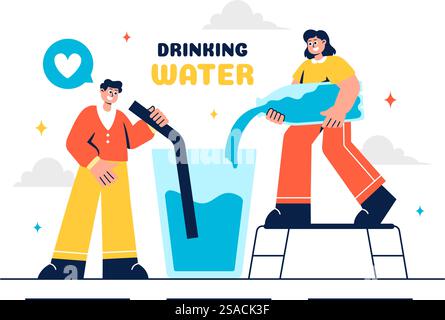 Vektor-Illustration von Menschen, die Wasser aus Plastikflaschen und Gläsern trinken, mit einem reinen und frischen Konzept in einem flachen Stil Cartoon Hintergrund Stock Vektor