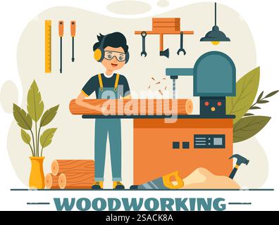 Holzbearbeitung Vektor-Illustration mit modernen Handwerkern und Arbeitern, die Möbel mit Werkzeugen herstellen, präsentiert in einem flachen Cartoon-Stil Hintergrund Stock Vektor