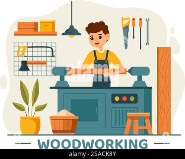 Holzbearbeitung Vektor-Illustration mit modernen Handwerkern und Arbeitern, die Möbel mit Werkzeugen herstellen, präsentiert in einem flachen Cartoon-Stil Hintergrund Stock Vektor