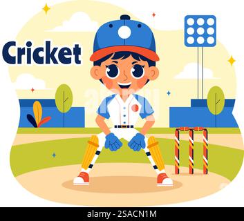 Schlagmann, der Cricket-Vektor-Illustration mit Fledermaus und Ball auf dem Feld für Meisterschaft-Turnier-Liga in einem flachen Stil-Cartoon-Hintergrund spielt Stock Vektor