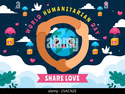 Vektor-Illustration zum Welttag der humanitären Hilfe mit einer globalen Feier zur Unterstützung von Menschen, Wohltätigkeit, Spenden und Freiwilligenarbeit auf einem flachen Hintergrund Stock Vektor