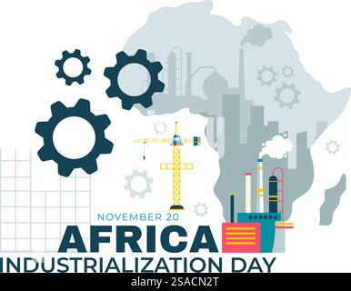 Afrikanischer Industrialisierungstag Vektor-Illustration eines Fabrikgebäudes mit Schornsteinen, die im Stadtzentrum arbeiten, in einem flachen Stil Hintergrund gesetzt Stock Vektor