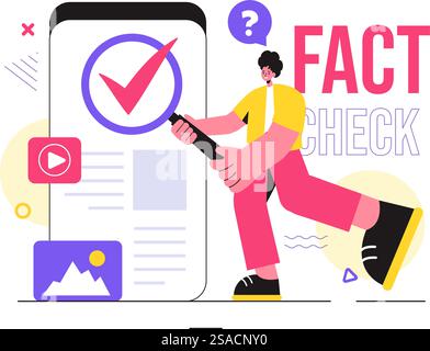 Fakt- oder Fake-Check-Nachrichten Vektor-Illustration mit Mythen vs. Fakten für gründliche Verifizierung und Evidenzvergleich in einem flachen Cartoon-Stil Hintergrund Stock Vektor