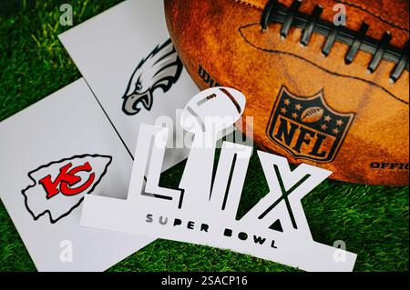 NEW ORLEANS, USA, 27. JANUAR 2025: Kansas City Chiefs vs. Philadelphia Eagles, Super Bowl LIX für Saison 2024, NFL Final, American Football Champions Stockfoto