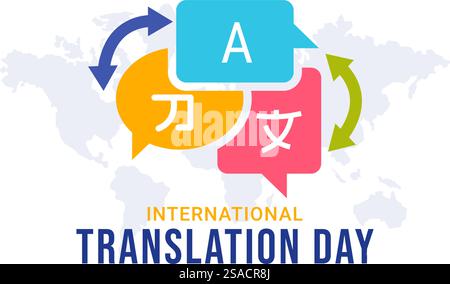 Illustration zum Weltübersetzer- oder Übersetzungstag mit Hallo-Grüßen in verschiedenen Ländern und mehrsprachiger internationaler Kommunikation Stock Vektor