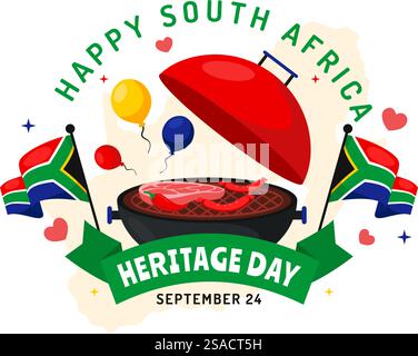 Happy Heritage Day Südafrika Vektor-Illustration für den 24. September mit einer wehenden Flagge, die afrikanische Kultur und Traditionen auf einem flachen Hintergrund ehrt Stock Vektor