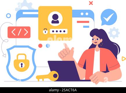 Cyber Security Vector Illustration von Datenschutz, Sicherheitsmaßnahmen und sicheren Systemen für Netzwerke, Internet und Backup-Server im Hintergrund Stock Vektor