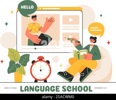 Sprachschule Vektor-Illustration von Online-Lernen, Kursen, Trainingsprogrammen und Fremdsprachenlernen im Ausland in einem flachen Hintergrund Stock Vektor