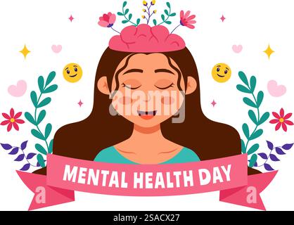 Welttag der psychischen Gesundheit Vektor-Illustration am 10. Oktober mit Bewusstsein für psychische Gesundheit ein Symbol mit dem Gehirn und Blumen in einem flachen Hintergrund Stock Vektor