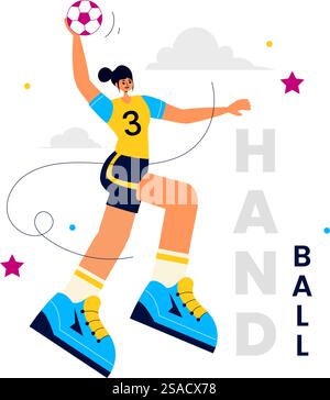 Handball-Vektor-Illustration eines Spielers, der den Ball berührt und ein Tor während eines Sportwettbewerbs in einem flachen Cartoon-Hintergrund erzielt Stock Vektor