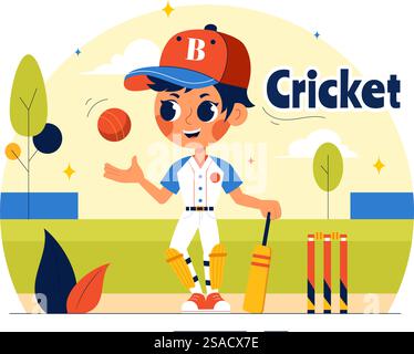 Schlagmann, der Cricket-Vektor-Illustration mit Fledermaus und Ball auf dem Feld für Meisterschaft-Turnier-Liga in einem flachen Stil-Cartoon-Hintergrund spielt Stock Vektor