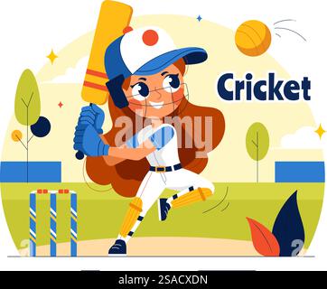 Schlagmann, der Cricket-Vektor-Illustration mit Fledermaus und Ball auf dem Feld für Meisterschaft-Turnier-Liga in einem flachen Stil-Cartoon-Hintergrund spielt Stock Vektor