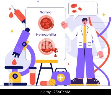 Hämophilie-Vektor-Illustration mit einem Arzt, der ein verletztes Knie oder Gelenk- und Blutstörungen in einem Healthcare Flat Style Cartoon Hintergrund untersucht Stock Vektor