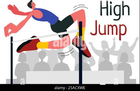 Vektor-Illustration eines männlichen Athleten, der einen High Jump ausführt und Geschwindigkeit und Technik kombiniert, um über die Bar in einem flachen Stil-Cartoon-Hintergrund zu schweben Stock Vektor