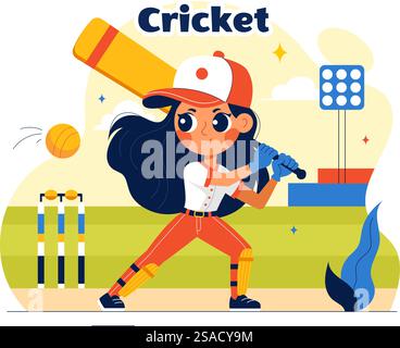 Schlagmann, der Cricket-Vektor-Illustration mit Fledermaus und Ball auf dem Feld für Meisterschaft-Turnier-Liga in einem flachen Stil-Cartoon-Hintergrund spielt Stock Vektor