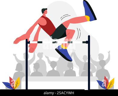 Vektor-Illustration eines männlichen Athleten, der einen High Jump ausführt und Geschwindigkeit und Technik kombiniert, um über die Bar in einem flachen Stil-Cartoon-Hintergrund zu schweben Stock Vektor