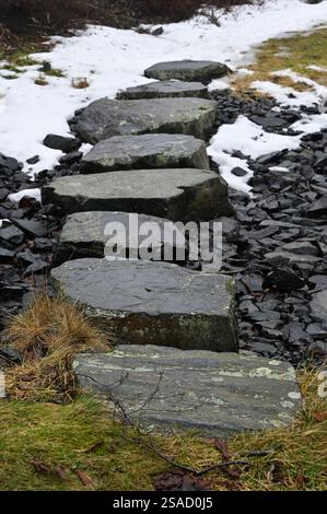 Ein zerklüfteter Steinweg schlängelt sich durch eine natürliche Umgebung, die teilweise von schmelzendem Schnee bedeckt ist und dunkle Felsen darunter freigibt. Die Flechtenbedeckten Schritte Stockfoto