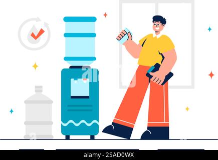 Vektor-Illustration von Menschen, die Wasser aus Plastikflaschen und Gläsern trinken, mit einem reinen und frischen Konzept in einem flachen Stil Cartoon Hintergrund Stock Vektor