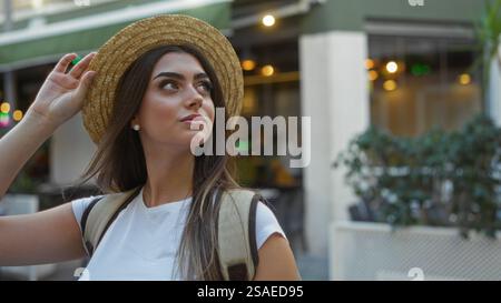 Eine Frau mit Hut und Rucksack schlendert selbstbewusst durch die urbane Straße und zeigt Jugendliche Eleganz inmitten der Stadtarchitektur Stockfoto