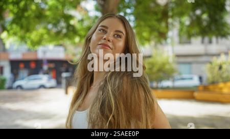Schöne junge Frau mit langen blonden Haaren lächelt an einem sonnigen Tag in einem Stadtpark im Freien und fängt das Wesen einer pulsierenden Stadtumgebung ein. Stockfoto