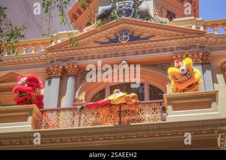 Adelaide, Australien, 29. Januar 2025. Löwentänzer treten in der Adelaide Arkade in der Rundle Mall auf, um das chinesische Lunar New Year zu feiern, das allgemein als „Frühlingsfest“ bekannt ist, das das Jahr der Schlange begrüßt. Die Tänzer verteilen traditionelle rote Umschläge, gefüllt mit einer goldenen Schokoladenmünze, ein Geschenk, das Segen und Freude darstellt. Gutschrift. Amer Ghazzal/Alamy Live News Stockfoto