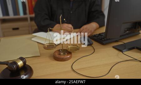 Männlicher Richter im Amt, der Notizen mit Hammer und Waage auf den Schreibtisch schreibt Stockfoto