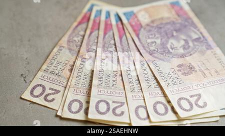 Polnische Zloty-Banknoten sind auf einer Betonoberfläche verteilt und heben die polnische Währung mit detaillierten Banknotendesigns hervor. Stockfoto