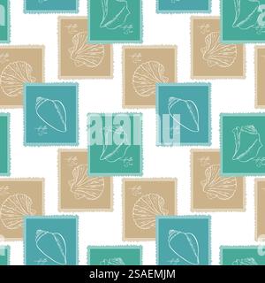 Marine Vibes, Muster mit Meeresstempeln mit Muschelzeichnung, in blaubeige Pastellfarbe, Vintage-Papier. Design für Mode, Stoff, Textil, Tapeten, Verpackung und alle Drucke. Vektorabbildung Stock Vektor