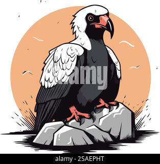 Geier, der auf einem Felsen sitzt. Vektorillustration im Retro-Stil. Stock Vektor