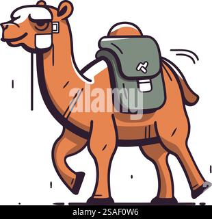 Kamel mit Rucksack. Vektorillustration im Doodle-Stil. Stock Vektor
