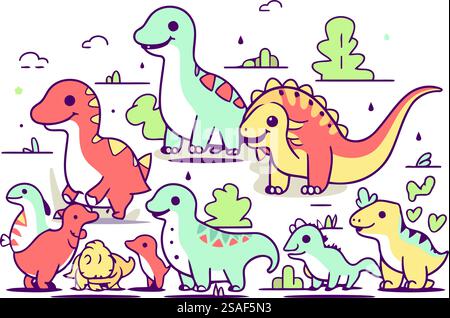 Niedliches Cartoon Dinosaurier Set. Vektorillustration im Doodle-Stil. Stock Vektor