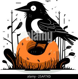 Krähe sitzt auf einem Nest. Vektorillustration im Cartoon-Stil. Stock Vektor