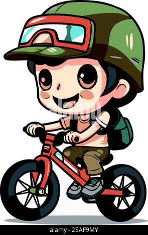 Süßer Junge mit Helm, der Fahrrad fährt. Vektorillustration isoliert auf weißem Hintergrund. Stock Vektor