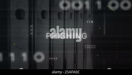 Bild von Phishing-Text über Datenverarbeitung und Serverraum Stockfoto