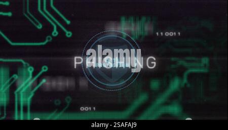 Bild von Phishing-Text und digitaler Datenverarbeitung auf schwarzem Hintergrund Stockfoto